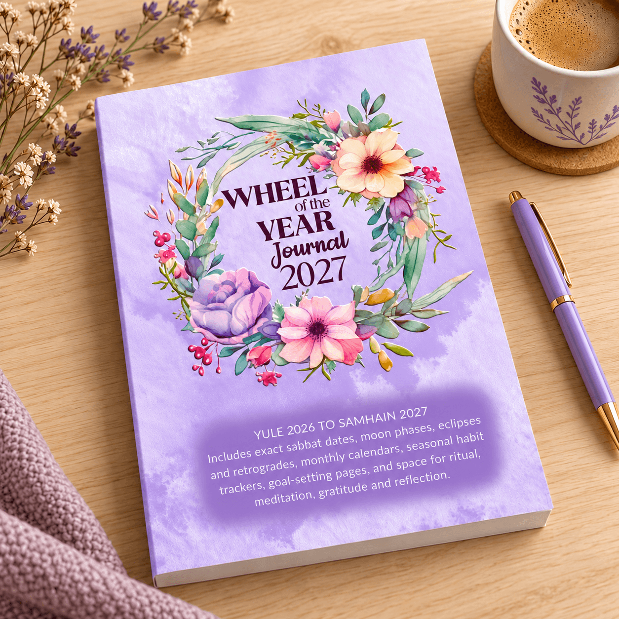 Wheel of the Year Journal 2027 cover with sabbat wreaths, a pagan planner from Yule to Samhain
